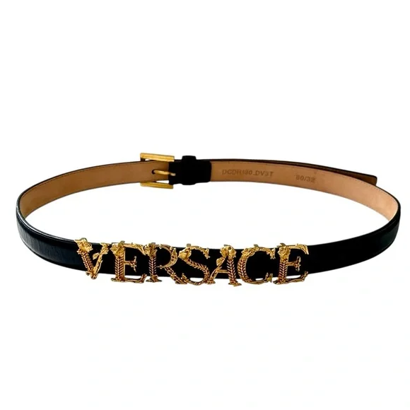 VERSACE Vintage RARE Gold Logo Thin Belt Size 80/32 - Picture 2 of 9